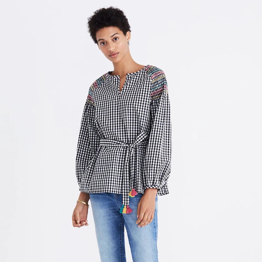 Madewell Smocked Gingham Top Blouse Tassel Tie Embroidery Women’s US Small